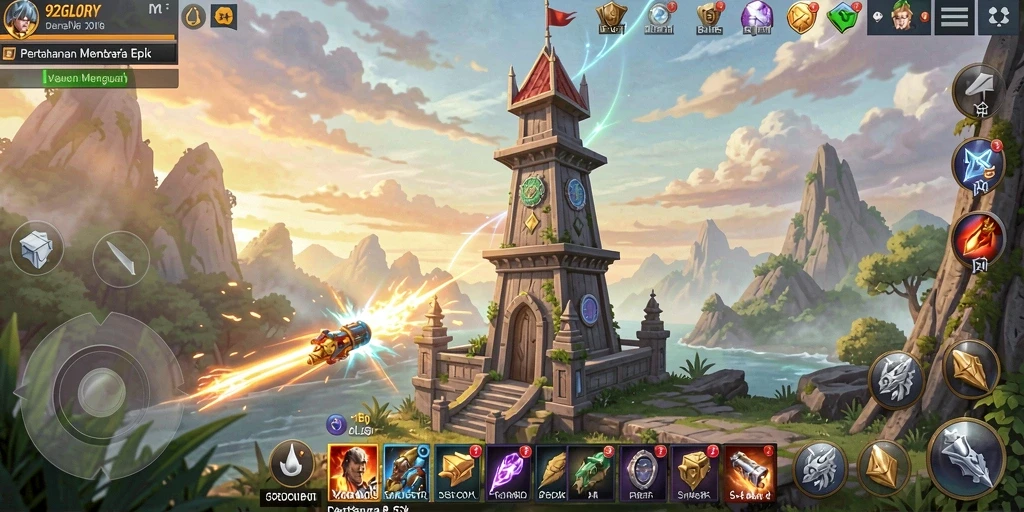 Screenshot gameplay Tower Defense 92GLORY dengan menara strategis yang terbangun.