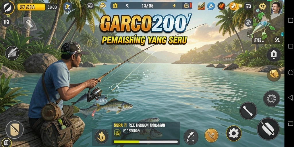 Tampilan gameplay GARCO200 dengan aksi memancing seru.