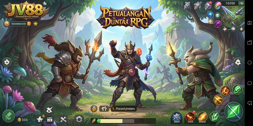 Screenshot utama JV88 menampilkan pertarungan epik dalam dunia RPG.