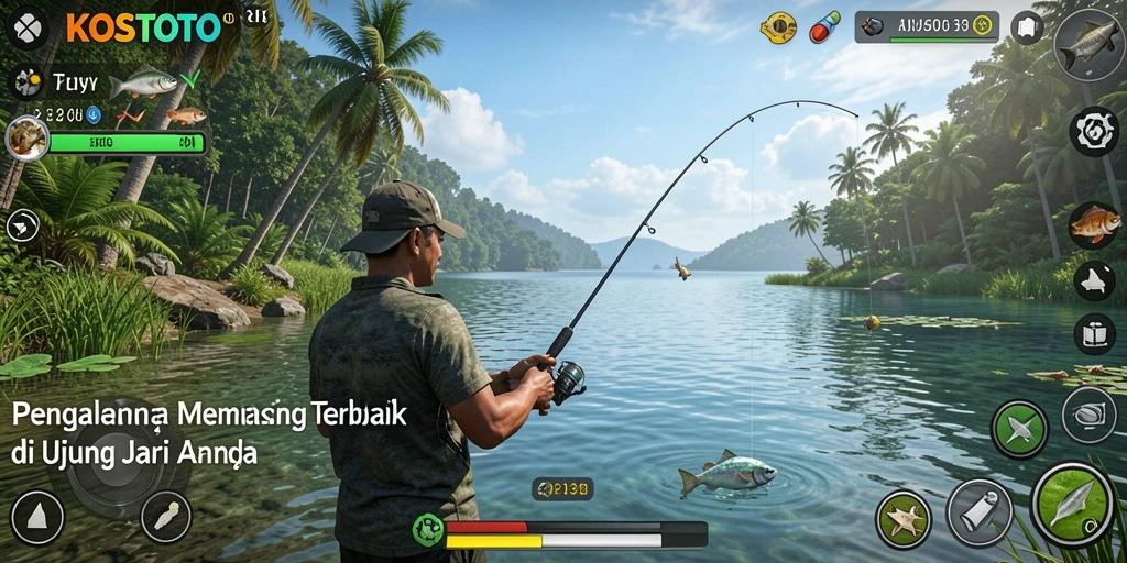 Screenshot gameplay KOSTOTO menampilkan aksi memancing yang seru.