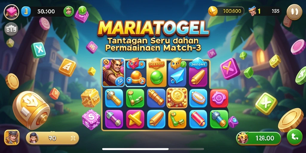 Tampilan gameplay MARIATOGEL dengan penuh aksi mencocokkan objek.