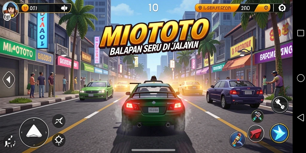 Screenshot gameplay MIOTOTO menunjukkan balapan seru di jalanan.