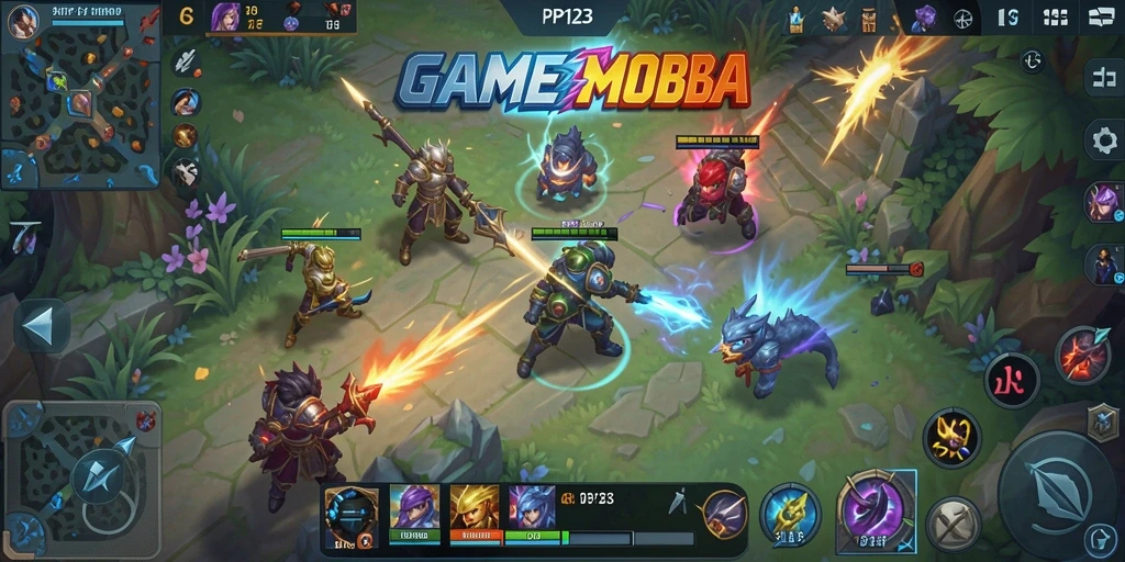 Screenshot utama PP123 menampilkan pertarungan intens di arena MOBA.
