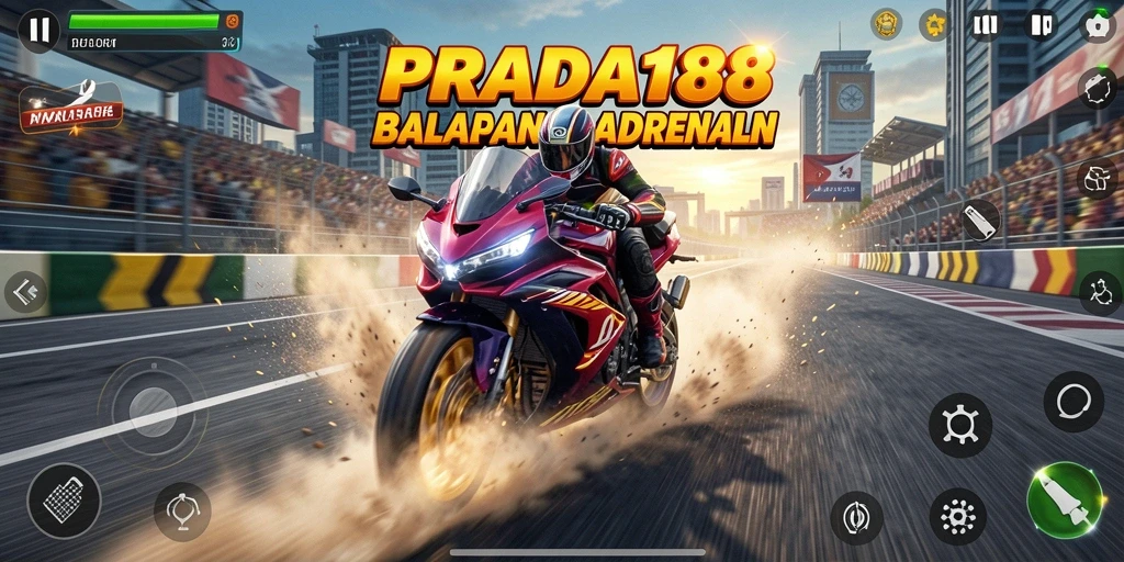Tampilan gameplay menegangkan dalam PRADA188 dengan motor balap yang cepat.