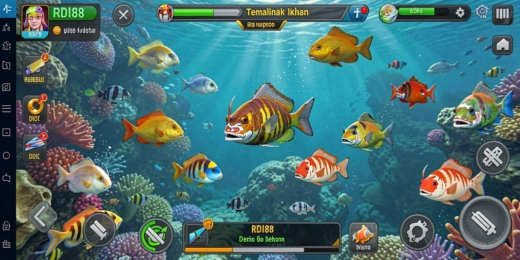 Tangkapan layar utama RDI88 menampilkan aksi menembak ikan yang menarik.