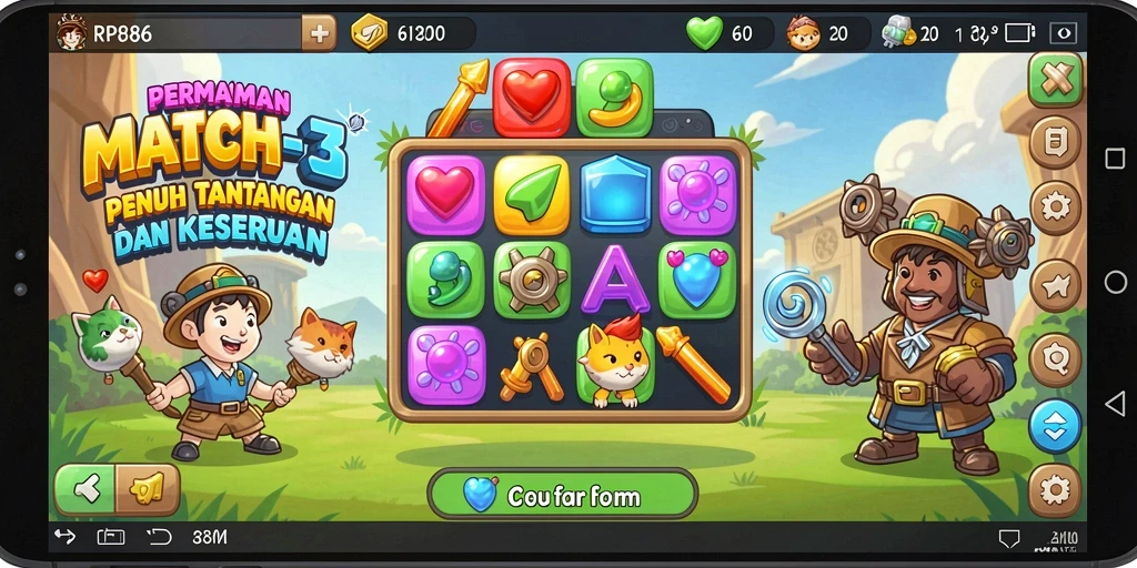 Screenshot menunjukkan gameplay RP886 yang seru dan adiktif dalam kategori Match-3.